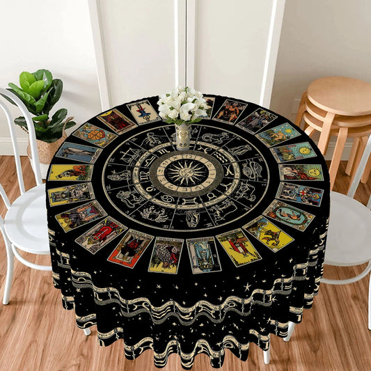 1 Piece Tarot Circular Tablecloth Waterproof Color Terrace Dining Table Cover Multi-purpose Towel 63 inch Black Gold Tableclot
